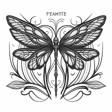 symmetrical dragonfly style fairy wings in art nouveau style, black lines, detailed, flat design, flat flowers embedded into the wings, white background, clipart style, black and white,