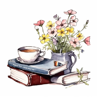 books and a cup of tea and wildflowers, soft colourswatercolour style clip art clean lines white background soft