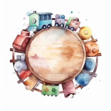 Clipart aquarelle, wooden train toy with wagons on a circle trail, for little todler, neutral colors, minimalistic, adorable, shabby