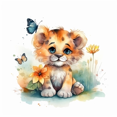 watercolor cute cartoon baby lion playing with butterfly clipart, single clipart, flowers, high resolution, bold colors, 8k