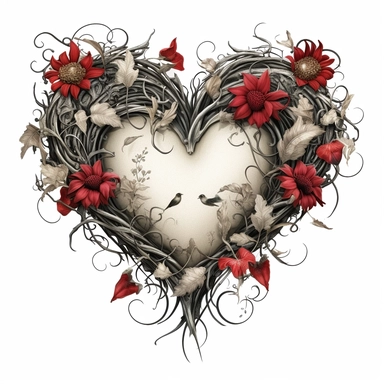 Write a supernatural romance novella centered around the Gothic Floral Heart Clipart. Tell the story of a forbidden love between a vampire and a ghost, whose spirits are forever bound within the cursed flowers, unable to be together until the curse is broken. clipart, white background