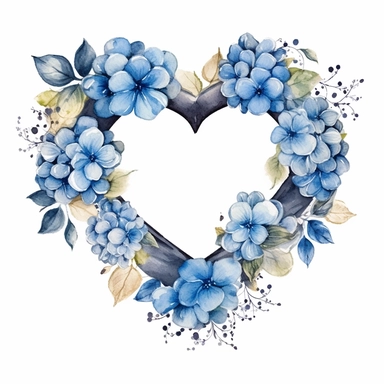 one watercolor heart shaped flower frame beautiful hydrangea clipart on a white background, in the style of dark blue and light blue, elaborate borders, hyper-realistic water, handcrafted designs, water and land fusion, dark sky-blue and light beige, water drops, no watermark, text, 300 DPI , typography, shapes do not stick together, no text in the picture, on a white background