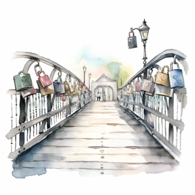 A bridge with love locks clipart, white background, watercolor drawing