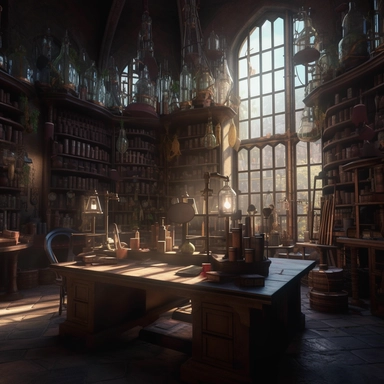 A wizard's library/laboratory is an impressive space that appears to blend academic knowledge with magic. The room is surrounded by tall dark wood shelves containing numerous old books and glass bottles filled with potions. The space is well-lit by high, narrow windows that allow natural light to enter. In the center of the room, there is a large sturdy table filled with scientific equipment such as microscopes, test tubes, and pipettes, along with magical ingredients such as bat wings and unico