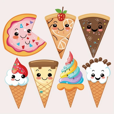 Cute clipart of food characters like smiling pizza slices, donuts, and ice cream cones