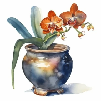 Realistic watercolor multiple color orchids, vintage terracotta pot with acetabulum, mat, isolated white background, clipart, hd quality