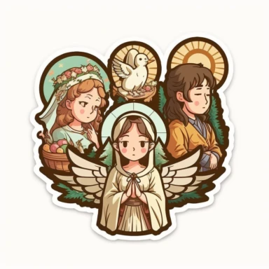 vector sticker design, anime style Christmas nativity clipart, white background, flat colors