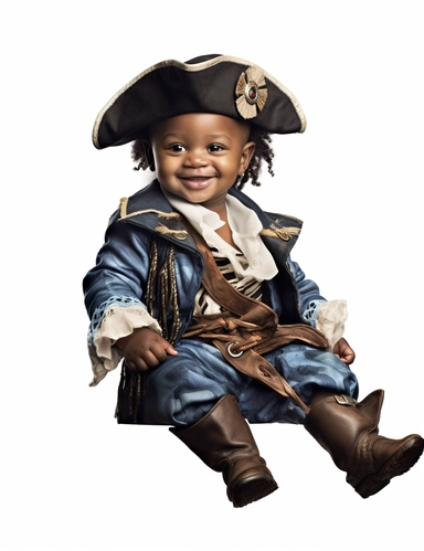 hasselblad 24 mm full body shot of a gorgeous african american baby boy very well dressed with Blue Eyes, clipart, Composition: Relaxed position , smiling, Style: Pirate, white background, hyperrealism, 32k