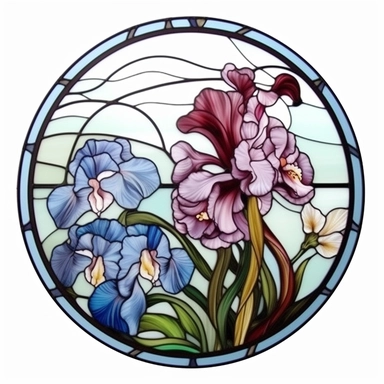 clipart realistic round stained glass window with floral irises theme, crisp lines, white background