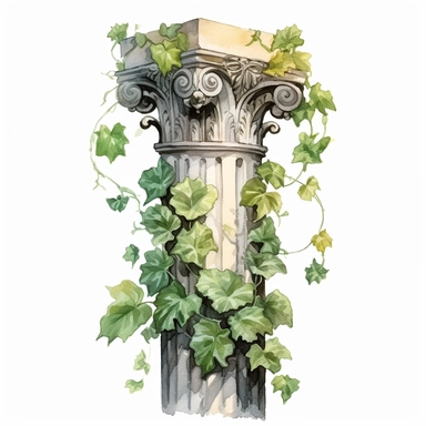 watercolour, ivy plant zeus column statue, detailed, clipart, white background