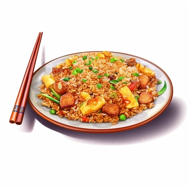 plate of fried rice in the style of digital airbrushing, realistic yet stylized, digitally enhanced, clipart, 32k uhd, clipart, white background