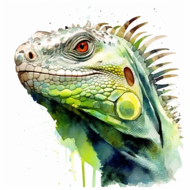 Green iguana face, watercolor, sharp illustration clipart, insane detail, white background