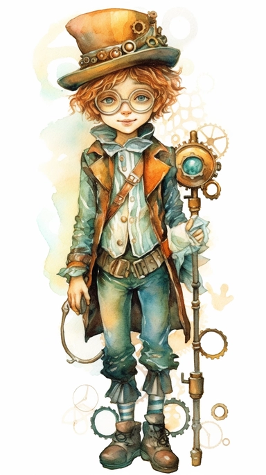 watercolor steampunk boy entire body illustration clipart by holly hobbie and mary engelbreit