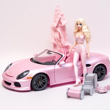 Beautiful barbie stuff, houses,cars. clothes,shoes, paint art style, detail, clipart, white background, superrealistic, one of a kind