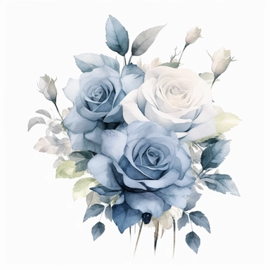 Watercolor dusty blue four roses clipart, four roses bouquet, muted color faded, white background