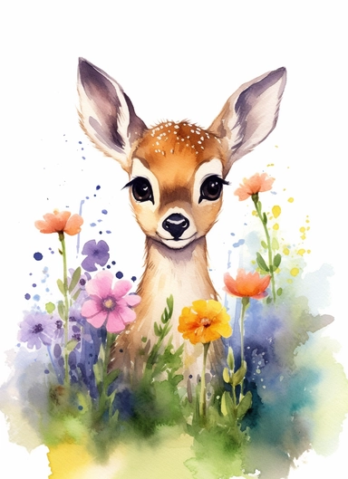baby deer on a flower field, in the style of 2d game art, nostalgic paintings, 32k uhd, colorful dreamy watercolor scenes, adventure pulp, classical, historical genre scenes, rough-edged 2d animation, watercolor clipart, white background