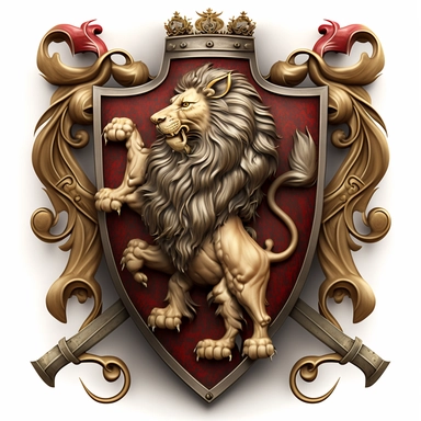 medieval coat of arms, ornate, large, rampant lion, with swords, fantasy, clipart style