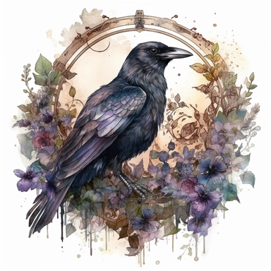 Design an enchanting watercolor clipart of a boho witch's familiar, such as a mystical black raven, adorned with alchemical symbols and surrounded by botanical elements. In HD on a white background.