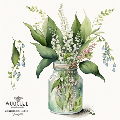 A watercolor clipart featuring a delicate bouquet of muguet (lily of the valley) flowers in a vintage jar. The flowers are depicted with intricate details, capturing the texture and delicacy of each petal and leaf. The bouquet includes a variety of muguet flower types, such as small sprigs with delicate flowers and long stems with clusters of blooms. The watercolor technique used in the painting gives the image a soft, dreamy quality, with the colors blending together in a way that suggests move