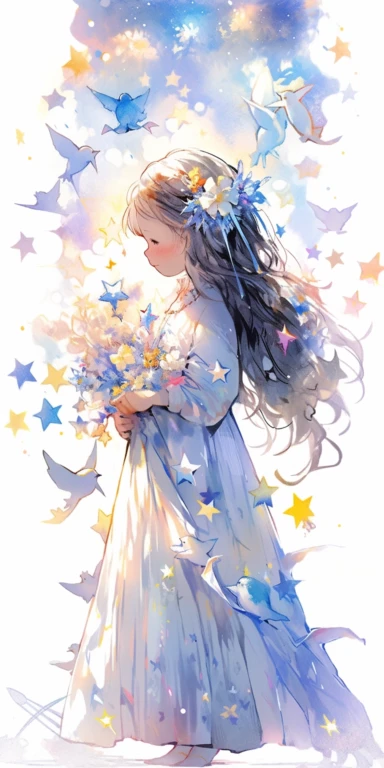 Watercolor beautiful feathers and flowers, stars and universe, exploring 10 years old girl, with smile, Full body, face side, fantasy illustration, perfect face, with beautiful face and with stars, beautiful light brown hair, beautiful face, perfect face, perfect eyes, love, flowing dress, vivid vibrant colors, intricate detail, hyper detailed, hyper quality, 32K, unreal engine, isolated on white background, kawaii, clipart, fantasy art