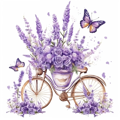 fairytale lavender flowers, inside different shabby chic elements, create a breath taking bundle from lavender theme, with butterflies, and birds, bicycle, fountain, cart, all images spaced out equally put in rows, clipart, vector, illustration, beautiful, white background, white background
