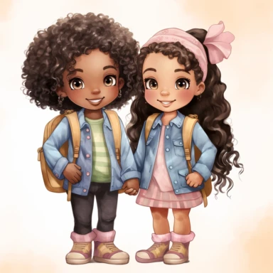 watercolor hand drawn ,Cute little African American girlschool , best friends ,with backpack and book, full body, Cartoon, Sublimation Clipart,illustration style, high solution, png transparent background, white background for removing background - - no text shadow font watermark
