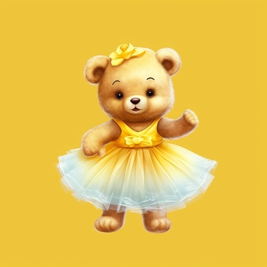 Adorable cute fantasy Teddy bear dressed like a Romantic ballerina, wearing yellow tutu, nursery art, clipart image, lineart image, solid background, high contrast with background , very detailed, 8k