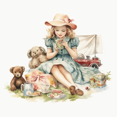 watercolor, hyper realistic, white background, white margins, 16k, ultra detailed clipart, cut out image, hand-drawn, whimsical a vintage child (40s) sitting on a vintage picnic blanket, enjoying a tea party with stuffed animals and a doll. Soft and muted tones, such as dusty rose, sage green, and pale yellow. Ultra HD, sharp line