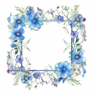 complex watercolor illustration of beautiful frame made of bohemian blue floral wildflowers, shaped in a rectangle form, isolated ,concept,art,8k,hd,watercolor,detailed,white backround,clipart