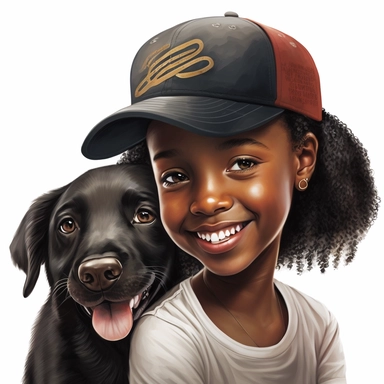 clipart of black young girl smiling and happy holding doggy with baseball hat
