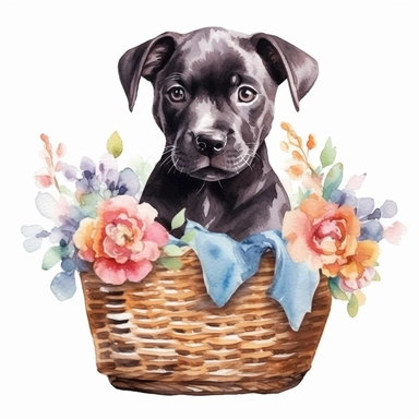 clipart watercolor, very cute black American Pit Bull Terrier puppy, sitting in a basket with flowers, full body, childlike, free brushwork, white background, high solution