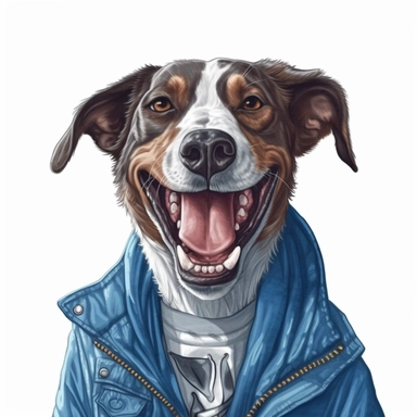 Humorous funny dog, draw caricatures, wearing a blue jacket, laughs so that his teeth are visible, hand draw Illustration clipart, 4K, extremely detailed, white background,