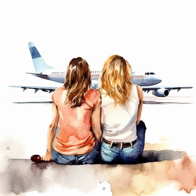 2 beautiful girls best friend sitting together back view illustration clipart,Airplane in the sky, detailed, white background, illustration painting, digital art, 8k, hd, watercolor ar 3:4