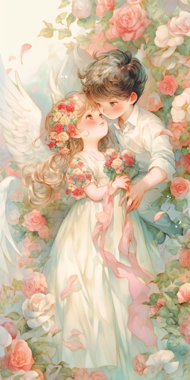 Watercolor beautiful wild roses fantasy art, Soulmates, a couple, Angel girl and boy with beautiful face and perfect eyes with flowers, angel wing, chibi kawaii animated style, vivid vibrant colors, intricate detail, hyper detailed, hyper quality, 32K, unreal engine, isolated on white background, kawaii, clipart