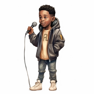 Cool cute black kid rapper, cool rapper clothes, microphone on hand, male black boy, watercolor style, clipart solid white background