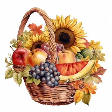 Cornucopia full of fruits and 3 sunflower, in the style of watercolor clipart, high detail