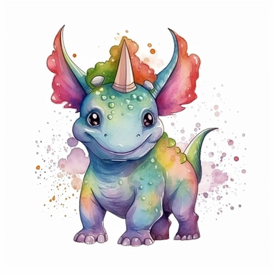 watercolored clipart with triceratops, funny and friendly, goofy, silly and playful dinosaur, colored, white background