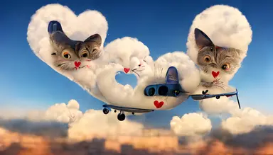 two cute loving cats on an airplane flying among heart shaped clouds over a turkish city by Pixar, 3d cartoon, clipart, extreme detail, ethereal, cinematic lighting