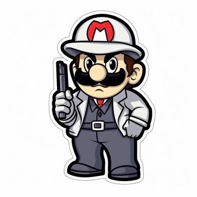 super mario 1920 gangster outfit, simple comic style, sticker, illustration , vector, clipart, white background