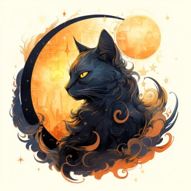 A beautifully painted cat with crescent moon behind it, hues of captivating orange, yellow and black, stunningly beautiful, refined and sophisticated, Hand drawn, Roberto Ferri, Clipart, beautifully colored with strong saturated pastel colors in a beautifully colored and fantasy magical fairytale mesmerizing style, emotionally pleasing watercolor style in the style, Pre-Raphaelitism,hyperrealism, 8k hd detailed quality on a white background