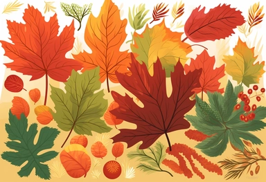 autumn leaves, tree, maple leaves, autumn clip art, autumn, stock image, in the style of flat illustrations, detailed background elements, 3840x2160, 20th century scandinavian style, nature morte, red and green, whimsical cartoon-style
