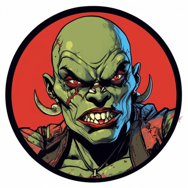 A circular tondo depicting a Dungeons & Dragons character female woman orc orcish badass boss warrior bandit, Mike Allred Josh Kirby Mad Max Lord of the Rings, handpainted enamel punk zine indie retrowave, clipart illustration, circle solid background