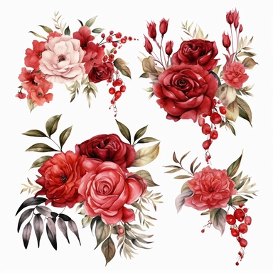 watrecolor Red bergandy Roses Floral Bouquets clipart