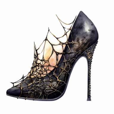 Idyllic watercolor and ink clipart of spiky high heel shoe, dark gothic black gothic cobweb design with gold accent, isolated on a white background, dark moody colors, highly detailed, ultra-realistic