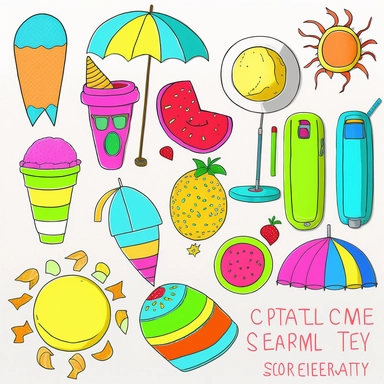 Please create a series of color-pencil clipart illustrations featuring different items related to summer. Each illustration should be drawn in a playful and cheerful style that captures the vibrancy and warmth of the season. Items to include can be beach 