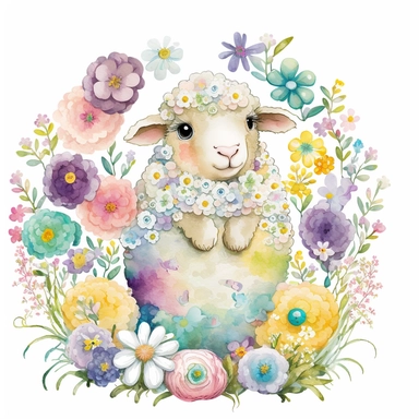 An adorable watercolour Easter baby lamb with big eyes surrounded by flowers and Easter egg clipart, all in pastel colours. A fluffy white lamb sits in the centre of the image, surrounded by a variety of colourful flowers in pink, purple, and yellow hues. The lamb has big, expressive eyes and a small pink nose, and is holding a colourful Easter egg in its mouth. The flowers and Easter eggs scattered around the lamb add to the overall springtime feel of the image. The lamb is situated in a lush m