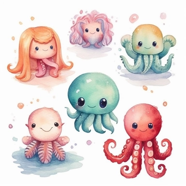Create a set of childlike watercolor clipart featuring adorable sea animals. Use a vibrant color palette with pastel tones to capture the playful and whimsical essence. Draw inspiration from children's storybook illustrations, infusing the creatures with innocence and charm.