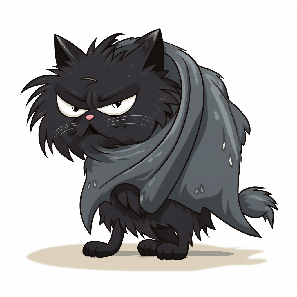 A black cat with a disheveled coat of fur, its expression one of ...