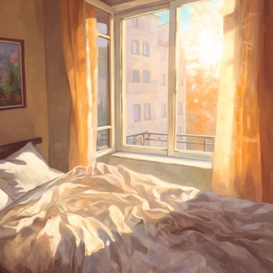 The morning sunlight shines into the window, and there is a bed in the room with oil paintings, White background, Clip Art Style