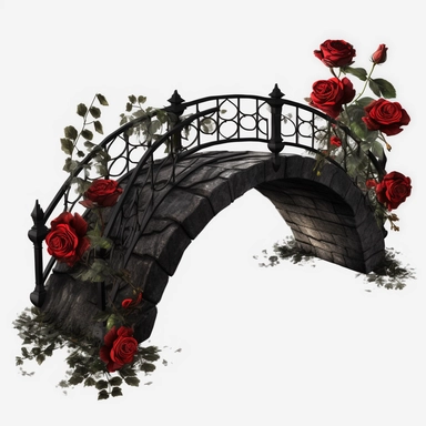 black Gothic Bridge Dark Fantasy Garden with red rose Clipart, white isolated background, space out, hd, 8k, realistic